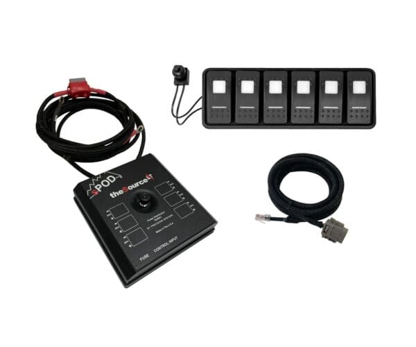 A black box with six switches and a cord.
