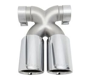 A chrome exhaust pipe with two tails attached to it.