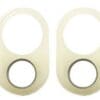 A pair of white plastic eyelets with one hole.