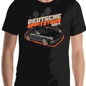 A man wearing a black shirt with an image of a car.